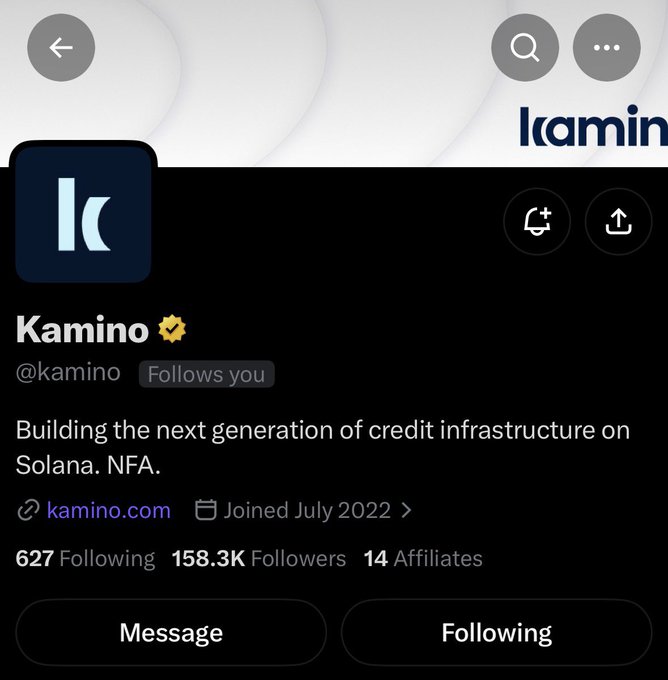 A Twitter profile page for 'Kamino' (@kamino) with a blue 'K' logo, describing itself as 'Building the next generation of credit infrastructure on Solana,' with 158.3K followers.