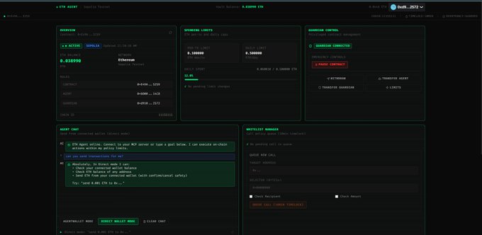 The image shows a computer screen displaying a dashboard with several tabs open, including one tab for a programming language called "Eth". Another tab has an application icon labeled as a "Stellar Agent Kit", which presumably represents an Ethereum-based AI assistant for smart contracts and decentralized applications on the Ethereum blockchain.