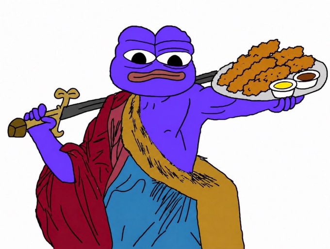 A cartoon illustration of a purple Pepe the Frog dressed in Roman/gladiator attire holding a sword and a plate of fried food.