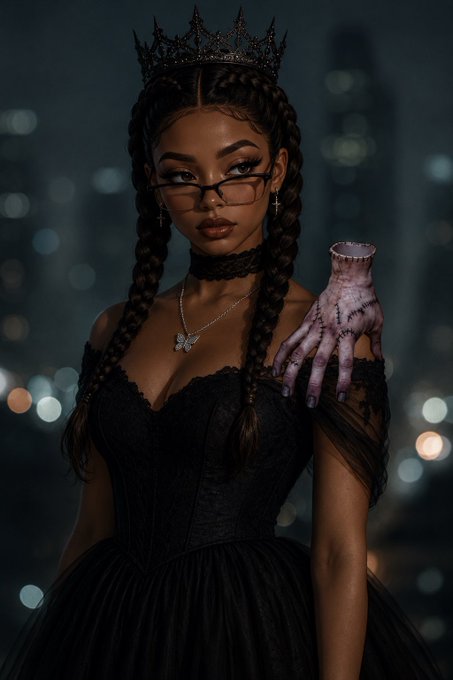 A young woman wearing a black corset dress, crown, and glasses poses with a stitched, doll-like hand resting on her shoulder against a city skyline at night, giving a moody, gothic "gm" (good morning) vibe fitting for a Wednesday check-in.