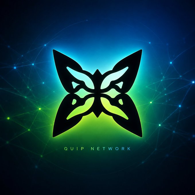 A black butterfly silhouette logo with glowing green and yellow accents is set against a dark blue background with geometric network lines, labeled 'QUIP NETWORK'.