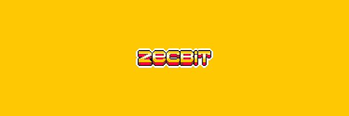 A graphic displaying the word 'ZEEBIT' in a colorful, pixelated retro video game font against a solid mustard yellow background.