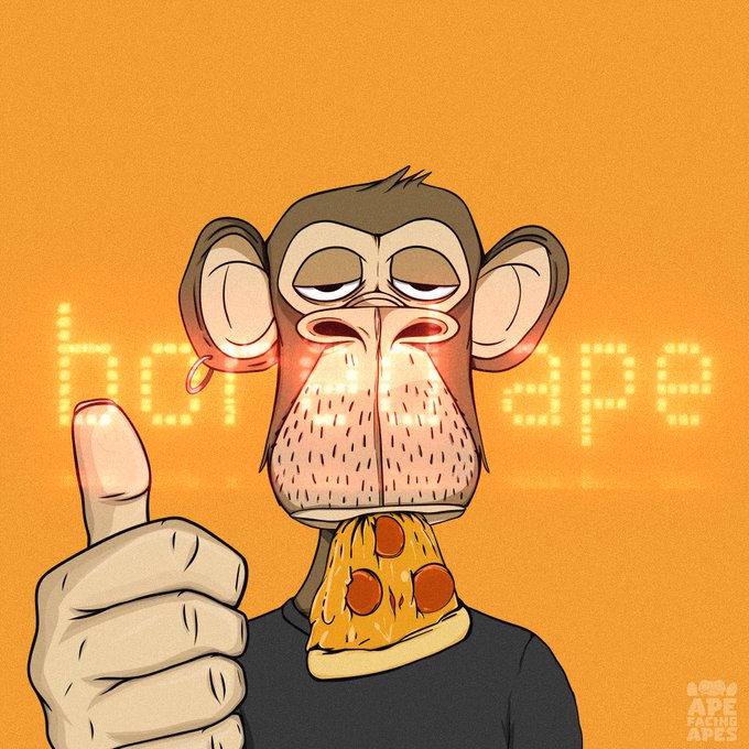 A cartoon illustration of a Bored Ape NFT character eating pizza, giving a thumbs up against an orange background with pixelated text and an "Ape Facing Apes" logo in the corner.