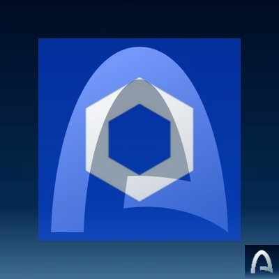 A blue logo featuring a stylized letter 'A' composed of overlapping geometric shapes including a hexagon and curved arches, set against a gradient background.