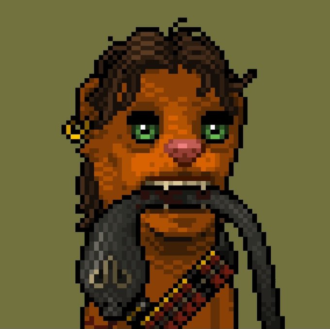 A pixel art character depicting a brown werewolf-like creature with shaggy hair, green eyes, and a gray scarf, holding a red strap with yellow accents against a dark green background.