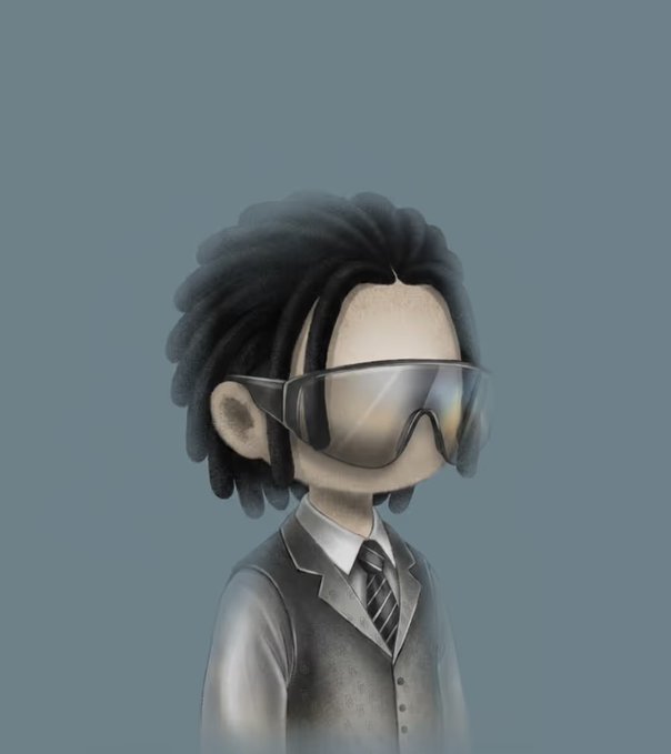 An illustration of a character with dreadlocks and futuristic goggles, likely representing the "pyopyopyopyo #2311" NFT mentioned in the post. This artwork is associated with a recent sale of 2 ETH ($3700).