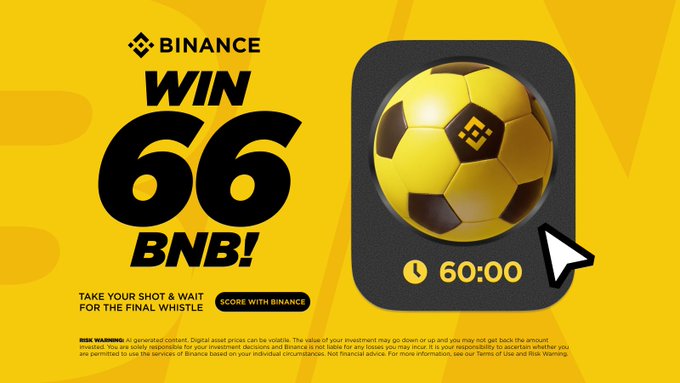 The image features a soccer ball with the number 66 on it, which appears to be the winning time for the game. A timer has been hit at 00:00, indicating that the game has ended. The prize for hitting the timer is 66 BNB (Binance Coin). The text in the image reads "Win 66 BNB! Take your shot & wait until the final whistle." This message encourages players to take their time and be patient during the game, as the winning time will be 66 BNB.