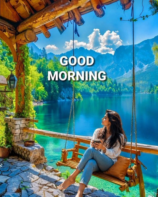 "GOOD MORNING" greeting image showing a woman sitting on a wooden swing at a lakeside cabin, holding a cup of coffee with mountains and a lake in the background.