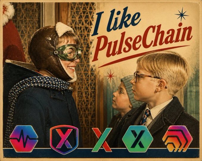 Vintage-style poster showing children with text reading 'I like PulseChain' above various cryptocurrency-style logos.