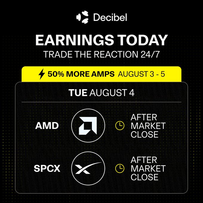 A promotional graphic from Decibel advertising 'EARNINGS TODAY' with '50% MORE AMPS' from August 3-5, highlighting that AMD and SPCX will report earnings on Tuesday August 4 after market close.