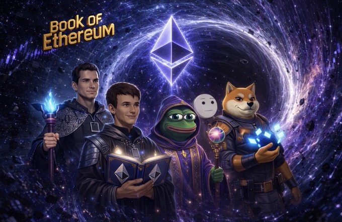 A vibrant digital illustration titled "Book of Ethereum" featuring fantasy characters, a Pepe the Frog, and a Shiba Inu dog set against a cosmic background with a glowing Ethereum logo.