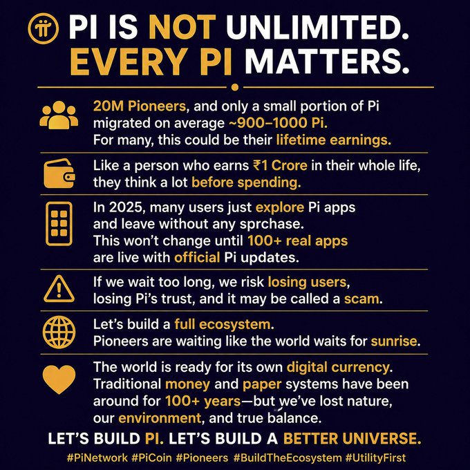 An infographic titled 'PI IS NOT UNLIMITED. EVERY PI MATTERS' with bullet points discussing Pi cryptocurrency, mentioning 20M Pioneers, ~900-1000 Pi migrations, and hashtags like #PiNetwork and #Pioneers.