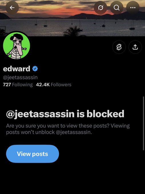 A Twitter/X profile screenshot for 'edward' (@jeetassassin) with 42.4K followers shows a message '@jeetassassin is blocked' with an option to view posts.