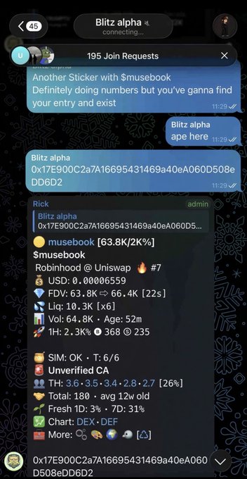 A Telegram group chat screenshot for "Blitz alpha" discussing a crypto token called "Smusebook" with a contract address starting with 0x17E900C2a7A16695431469a40eA060D508eDD6D2.