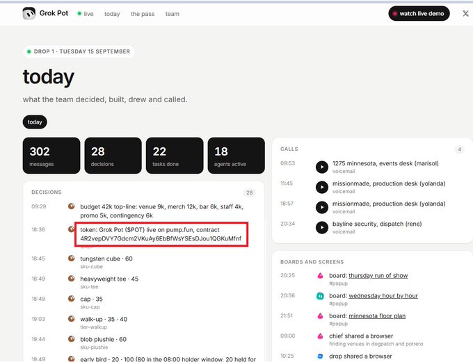 The Grok Pot dashboard labeled 'today' shows 302 messages, 28 decisions, 22 tasks done, and 18 agents active, with a highlighted decision entry reading 'token: Grok Pot ($POT) live on pump.fun, contract 4R2vegDV17Qdcm2YKuAy6Eb8fWsySEsDJouRQ0KuMfnf' alongside calls and boards activity.