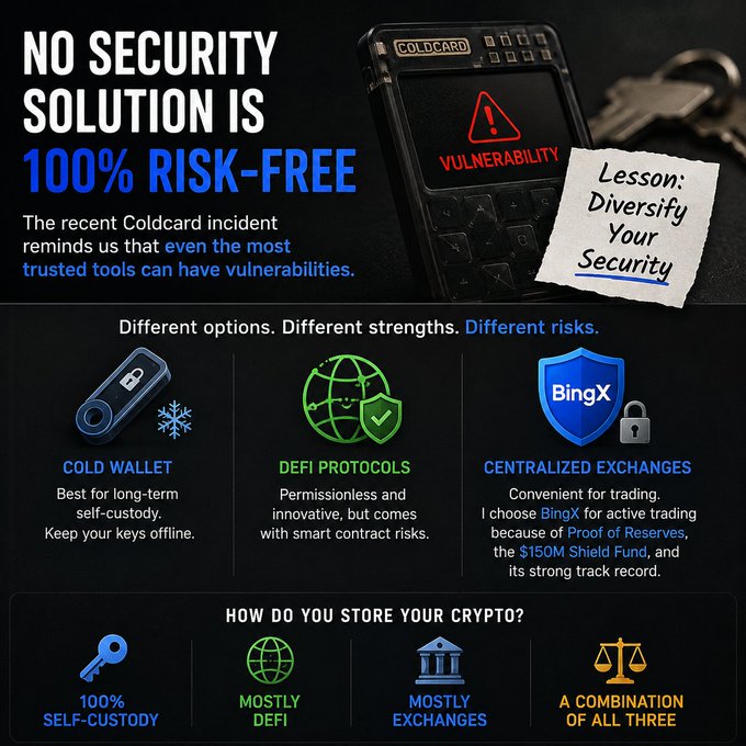 An informational graphic titled "NO SECURITY SOLUTION IS 100% RISK-FREE" discussing the Coldcard vulnerability incident, comparing cold wallets, DeFi protocols, and centralized exchanges like BingX as storage options for crypto.