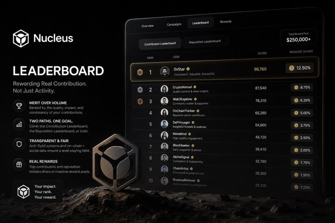 A dark-themed 'Nucleus LEADERBOARD' marketing graphic rewarding real contribution, showing top users like 0xStar with scores and reward shares, with a $250,000+ pool.