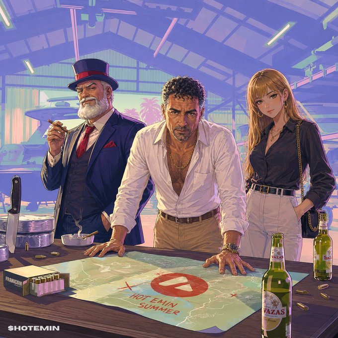 The image features a group of people gathered around a table with beer bottles scattered across its surface. The main focus of the scene is a map that has been altered into a meme, possibly related to the popular social media platform Instagram. The map includes an X in the center and the words "HotEmin" written below it. This image seems to be part of a larger project or movement called @el33th4xor, which is known for its creative and engaging content.