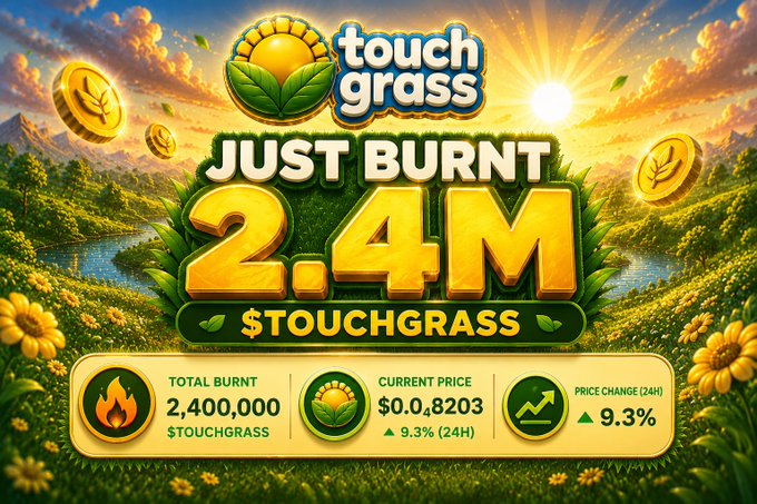 A vibrant promotional graphic for the $TOUCHGRASS token displays "JUST BURNT 2.4M $TOUCHGRASS" against a sunny grassy landscape with floating coins, alongside stats showing a total burn of 2,400,000, a current price of $0.08203, and a 9.3% 24-hour price increase, visually reinforcing the post's announcement of 2.4M tokens burned as the community grows.