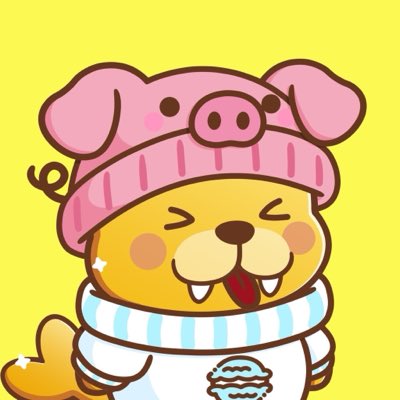 A cartoon illustration of a cute yellow dog character with its tongue out, wearing a pink pig-shaped hat and a striped scarf, with its paw raised against a yellow background.