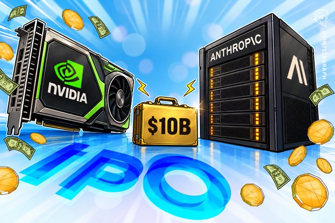 An illustration showing an NVIDIA GPU, an ANTHROPIC server unit, and a gold briefcase labeled '$10B' between them, with gold coins and dollar bills floating around on a blue background.