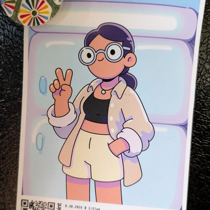 A cartoon illustration of a woman with purple hair, round glasses, a black crop top, beige shorts, and an open overshirt, making a peace sign in front of a light purple background.