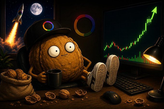 A cartoon nut wearing a "moon" cap lounges with sneakers up at a desk, watching a green candlestick chart surge upward on the monitor, with a rocket blasting toward the moon in the background—symbolizing an early buyer's rocket ride to the top. The contract address "0xa74f17ad407df07a9fff1db6496b2169e45784a7" is captioned alongside, tying the meme to the token it represents.