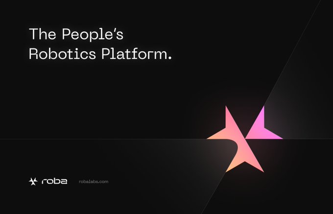 A promotional graphic with a black background features the tagline "The People's Robotics Platform." in white text, alongside a pink-to-orange gradient star logo and the "roba" brand name with "robalabs.com" URL, teasing an upcoming major announcement for $ROBA.
