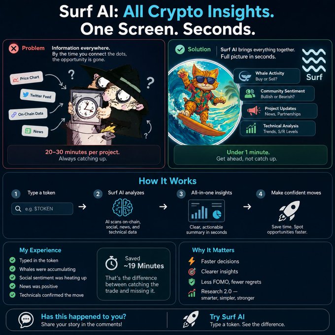 An infographic for "Surf AI" titled "All Crypto Insights. One Screen. Seconds," contrasting the problem of scattered information (price charts, Twitter, on-chain data, news) requiring 20-30 minutes per project with the solution of consolidated whale activity, sentiment, project updates, and technical analysis in under 1 minute.