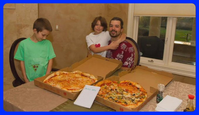 A family photograph of a man, woman, and boy sitting at a dining table with two open pizza boxes, with a delivery notepad visible on the table.