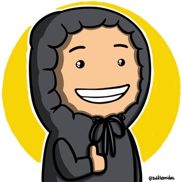 A cartoon character wearing a black hooded cloak gives a cheerful thumbs-up against a yellow circular background, with the handle "@GuillermoDeS" visible in the corner. The image playfully mirrors the post's excited, "uWu" energy—radiating optimism about personal wins like landing accelerator spots and new clients in neobanking and RWA.