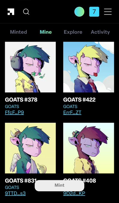 A mobile app interface displays an NFT collection under the 'Mine' tab, featuring goat-themed character avatars numbered GOATS #378, #422, #831, and #408, with a 'Mint' button.