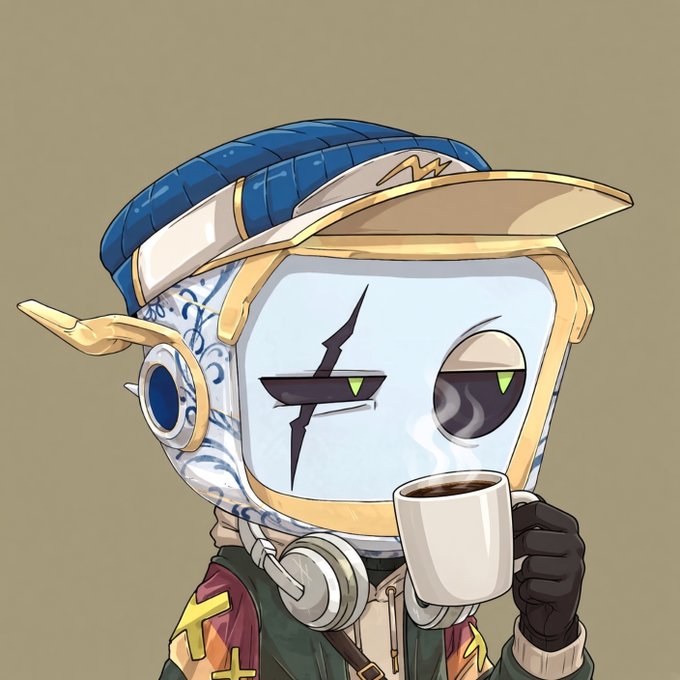A digital illustration of a robot character wearing a blue cap with a lightning bolt, featuring a screen-like face with one eye winking and a scar, holding a steaming mug of coffee.