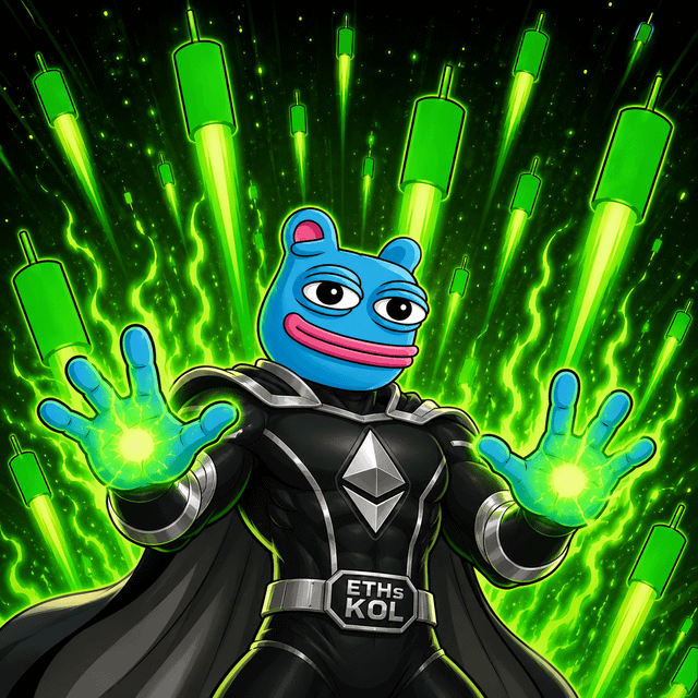 A digital illustration of a blue Pepe-like frog character in a black superhero suit labeled 'ETHs KOL' casting green energy blasts from its hands, surrounded by falling green candlestick chart bars.