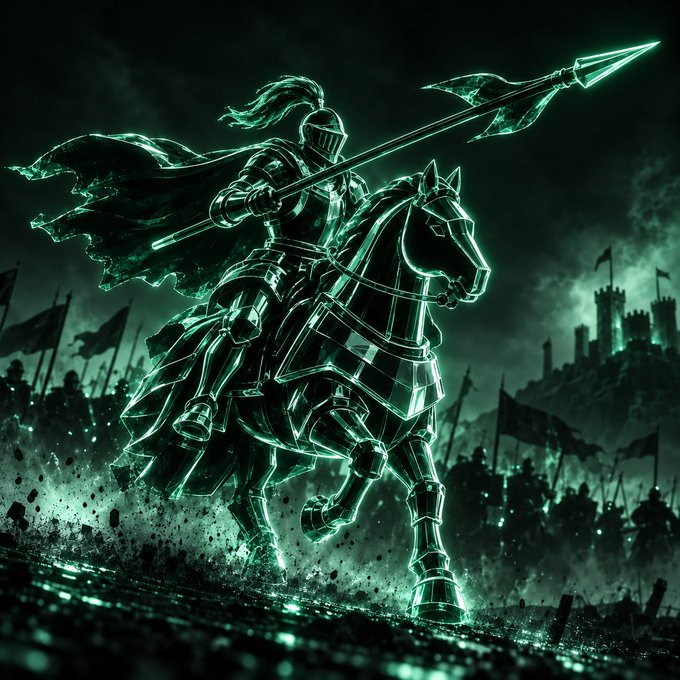 A dramatic, stylized digital artwork of a knight in glowing green armor riding a horse and wielding a spear, set against a dark battlefield with a castle in the background.