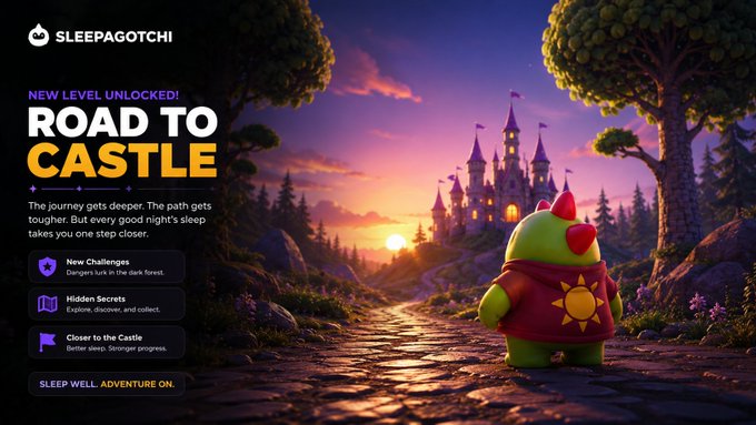 Promotional graphic for 'Sleepagotchi' announcing a new level unlocked called 'Road to Castle,' featuring a green character in a red cape walking toward a castle at sunset.