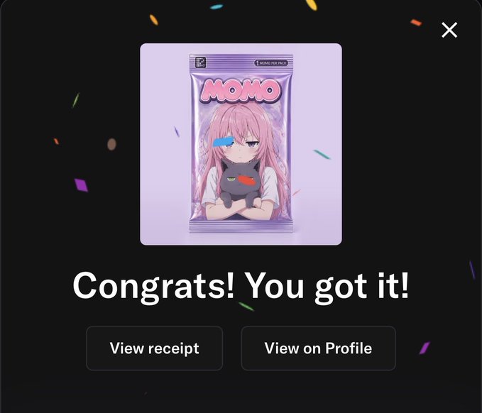 A digital screen displaying a celebratory message 'Congrats! You got it!' with an anime-style character package labeled 'MOMO' and buttons for 'View receipt' and 'View on Profile'.