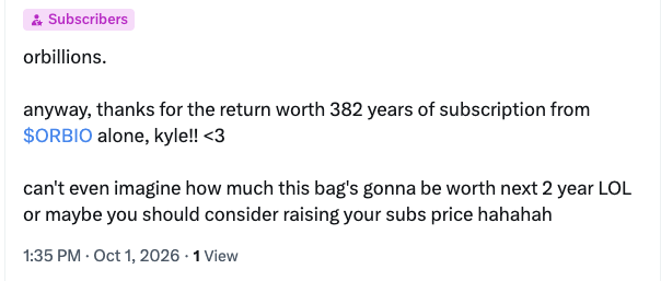 A social media post dated October 1, 2026, thanking a subscriber 'kyle' for '382 years of subscription' and joking about raising the subscription price.