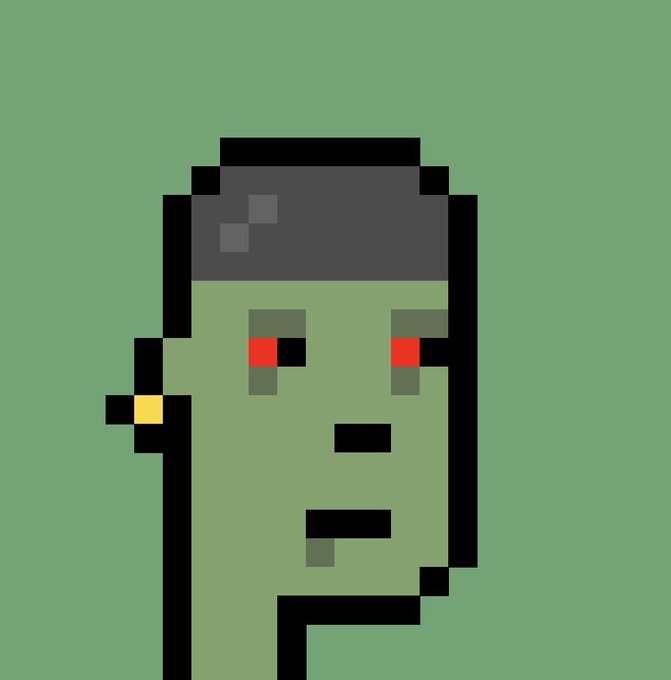 A simple 8-bit pixel art portrait of a face featuring red eyes, an earring, and a small hat on a solid green background.