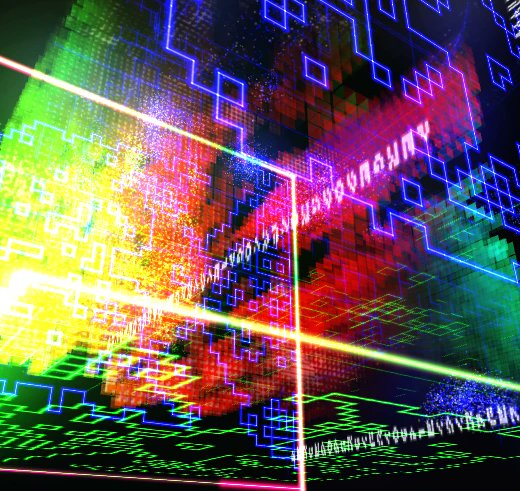 An abstract digital artwork with neon blue, green, red, and yellow grid patterns forming a perspective view of an electronic circuit-like structure.