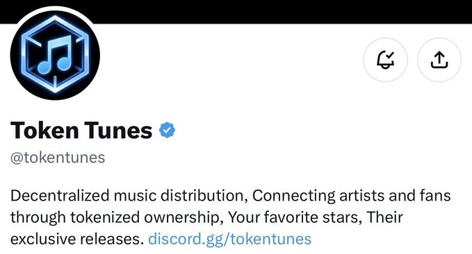 A Twitter/X profile for 'Token Tunes' (@tokentunes) featuring a hexagonal logo with a music note, describing itself as 'Decentralized music distribution, Connecting artists and fans through tokenized ownership, Your favorite stars, Their exclusive releases.'