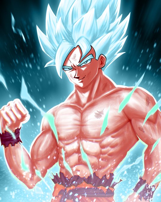 An anime-style illustration of a muscular male character with spiky white hair, resembling Super Saiyan Blue Goku from Dragon Ball, radiating a blue aura.