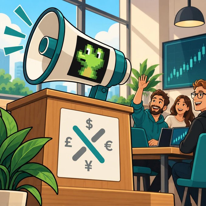 A cartoon illustration of a megaphone displaying a green pixel-art character, placed above a podium with various currency symbols, while three people at a desk look on excitedly near a stock chart screen.