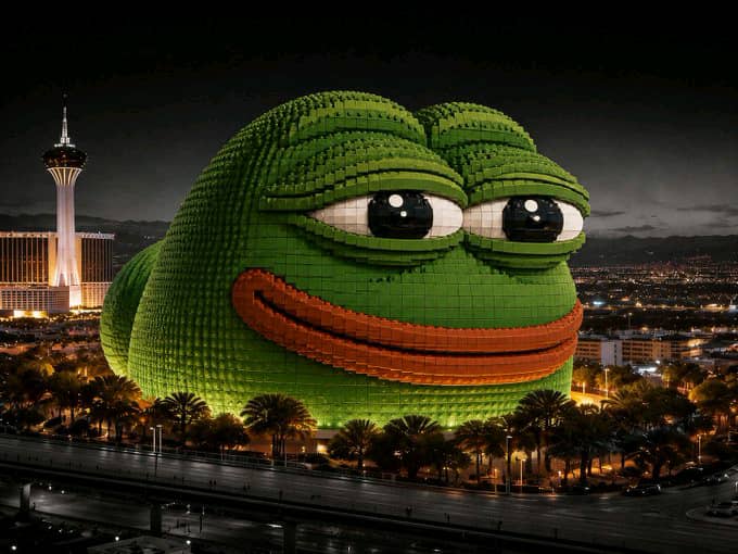 A massive green Pepe the Frog character resembling a building in a Las Vegas-like cityscape at night, with the Stratosphere tower visible in the background.