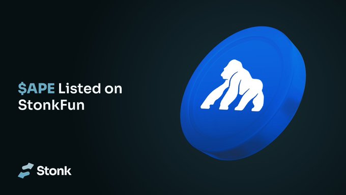A dark promotional graphic announces "$APE Listed on StonkFun" alongside the Stonk logo, featuring a large blue coin with a white gorilla silhouette. The image visually reinforces the post's tutorial on launching ApeCoin-paired tokens on the StonkFun Solana platform.
