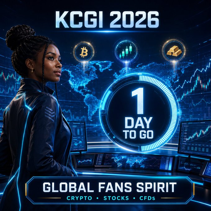A promotional graphic for 'KCGI 2026' reads '1 DAY TO GO' and 'GLOBAL FANS SPIRIT - CRYPTO • STOCKS • CFDS', featuring a woman alongside Bitcoin, stock chart, and gold icons.