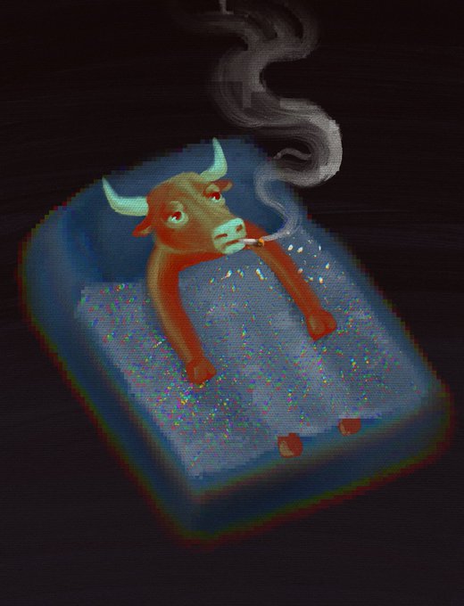 The image features a cartoon bull sitting inside an inflatable bed, holding a cigarette in its mouth. The background of the image is dark, which contrasts with the bright colors used for the bull's head and the cigarette. The text "GMMMMMM! Even bulls need a break sometimes." is written above the bull, while "5ed 0.0069 eth" is below it.