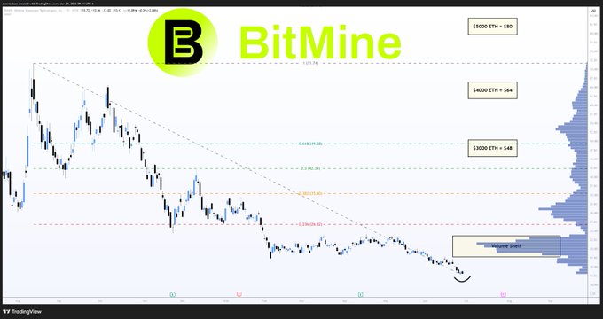 A BitMine ($BMNR) TradingView chart displays an ETH price chart with key technical levels marked at $5,000, $4,000, and $3,000, alongside Fibonacci retracement levels (0.618 and 0.786) and a volume profile on the right side highlighting a high-volume "PVP" zone. The chart illustrates the recent ETH downtrend that the post attributes to ETF outflows and seasonal weakness, while pointing toward the highlighted support zone as a potential springboard for an explosive upside move driven by whale and smart money accumulation.