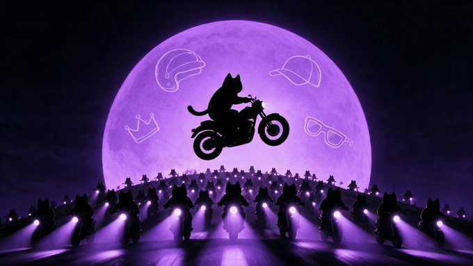 A silhouetted cat rides a motorcycle across a glowing purple moon, surrounded by floating helmet, crown, and sunglasses icons, with a vast army of motorcycling cats below, capturing the surreal "NFA" (Not Financial Advice) meme culture referenced in the post about minting MotoCats NFTs that peaked around 0.13 ETH.