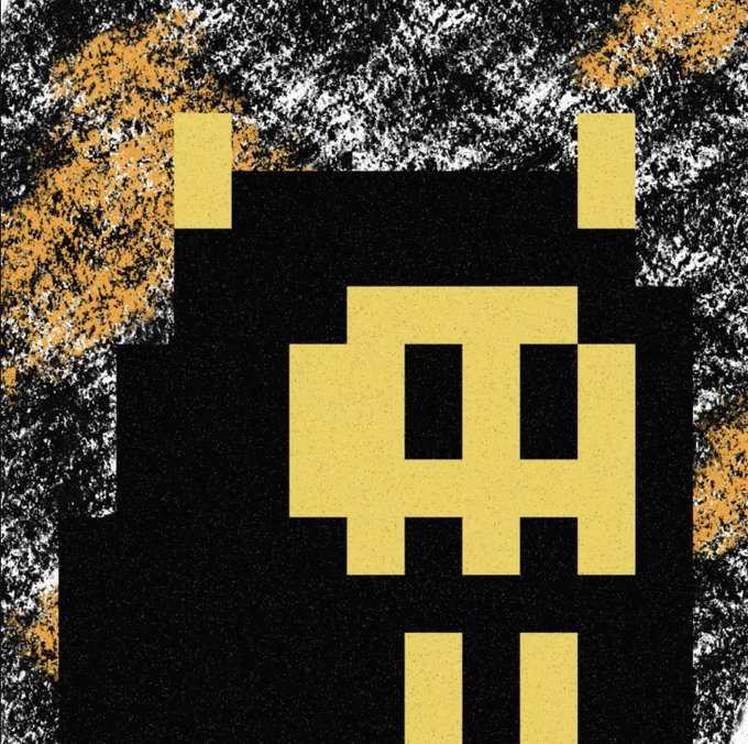 A pixel art illustration of a yellow and black robot or character with rectangular eyes set against a black, white, and gold speckled background.
